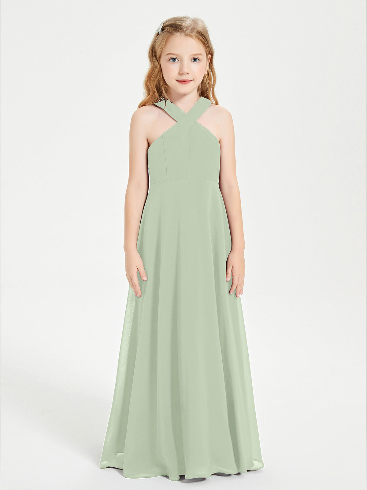 Grecian Neckline Long Dresses for Junior Bridesmaids Dusty Sage